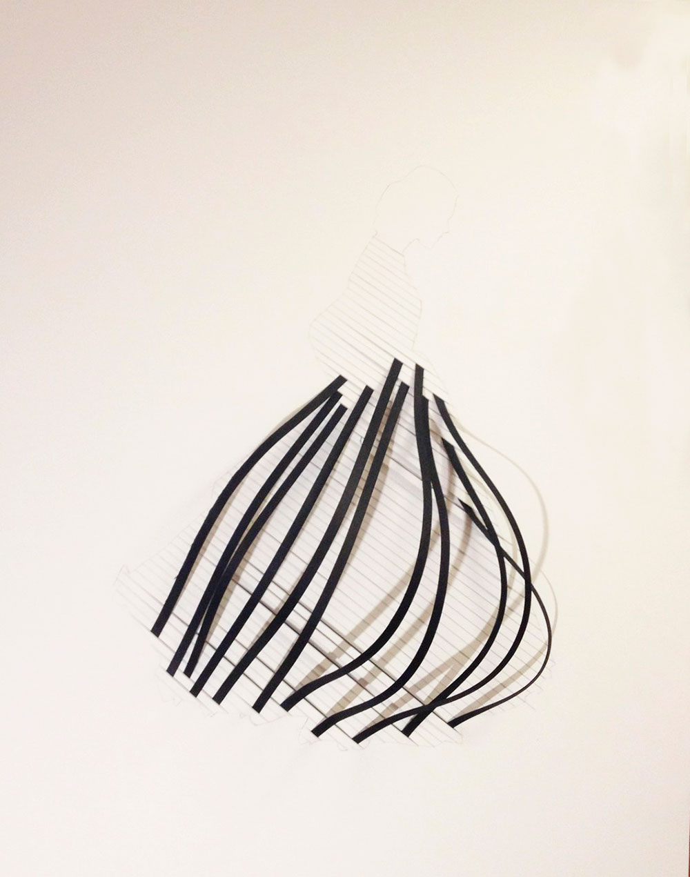 collage with raised dimensional contours woven into a silhouette of a dress